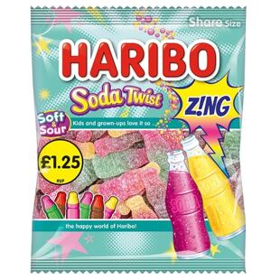 Haribo Soda Twist zselés cukorka gyümölcs és kóla ízekkel 140 g PM