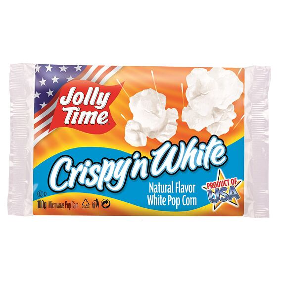 Balení mikrovlnného popcornu Jolly Time Crispy'n White s přírodní příchutí slaého popcornu, produkt USA.