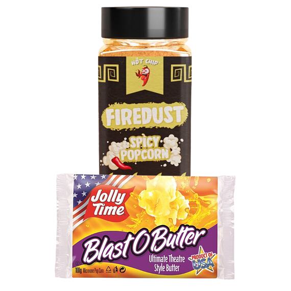 Hot Chip Firedust fűszerkeverék fűszeres popcornhoz 73 g + Jolly Time popcorn vajas ízesítéssel 100g